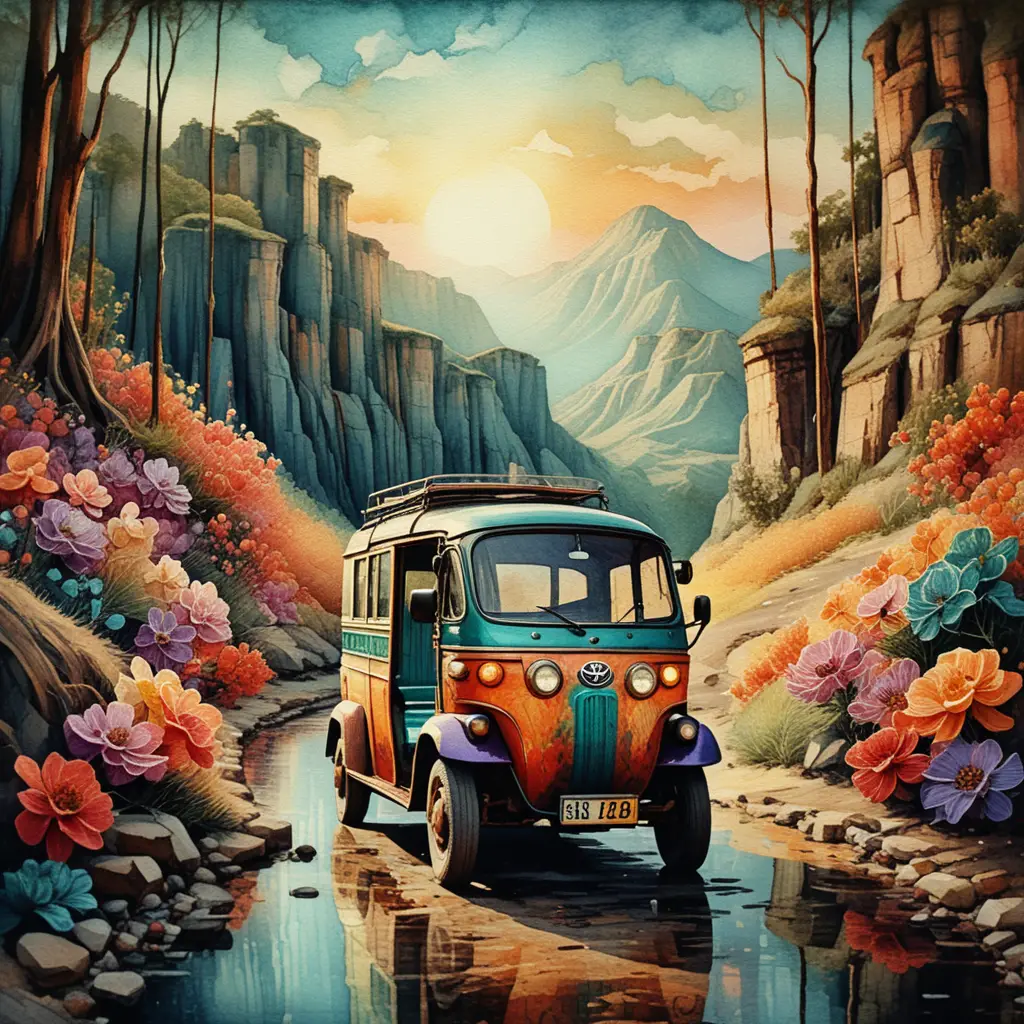 Fantasy electric rickshaw in a dreamy desert sunrise