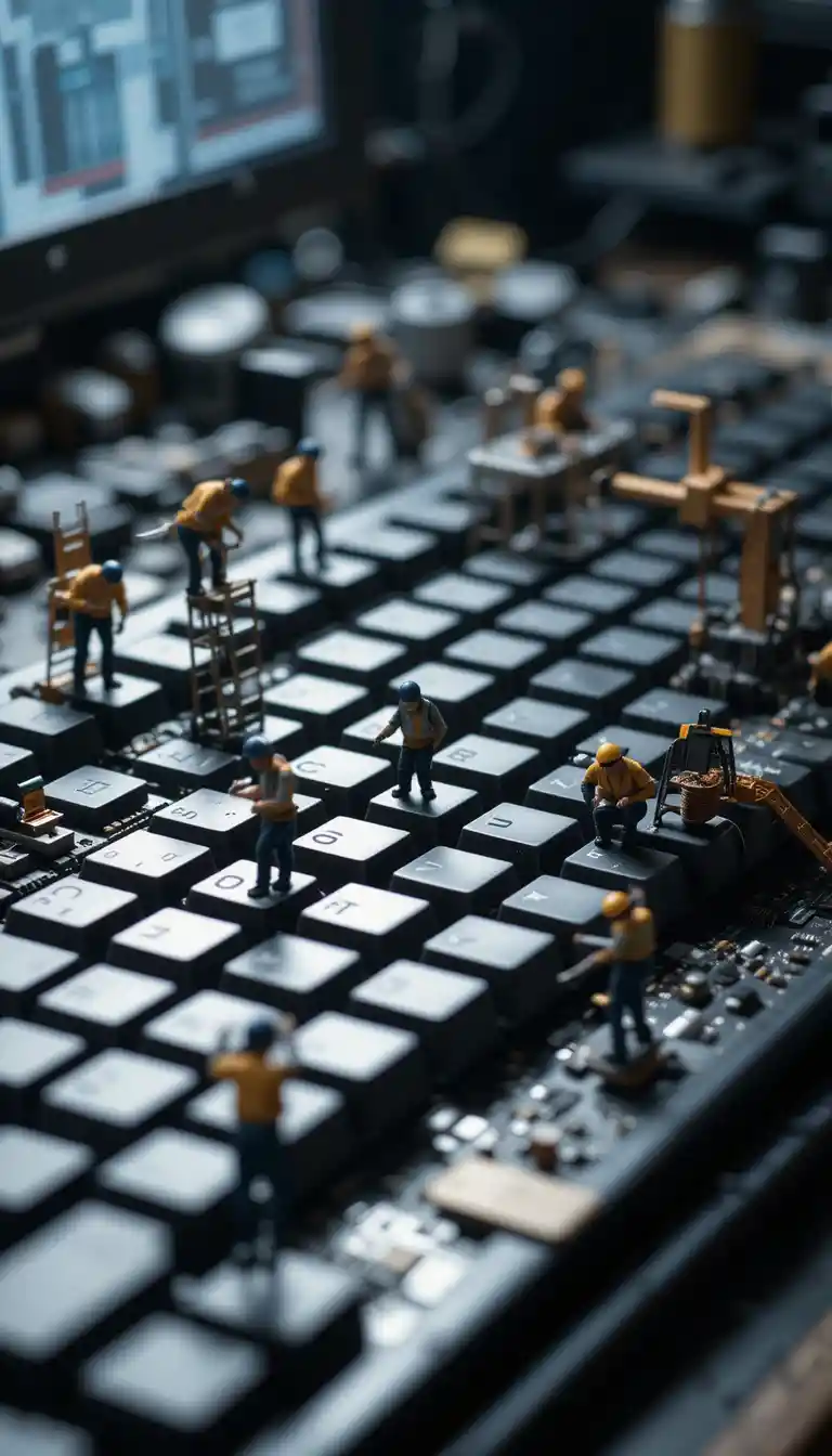 Miniature workers servicing a giant computer keyboard