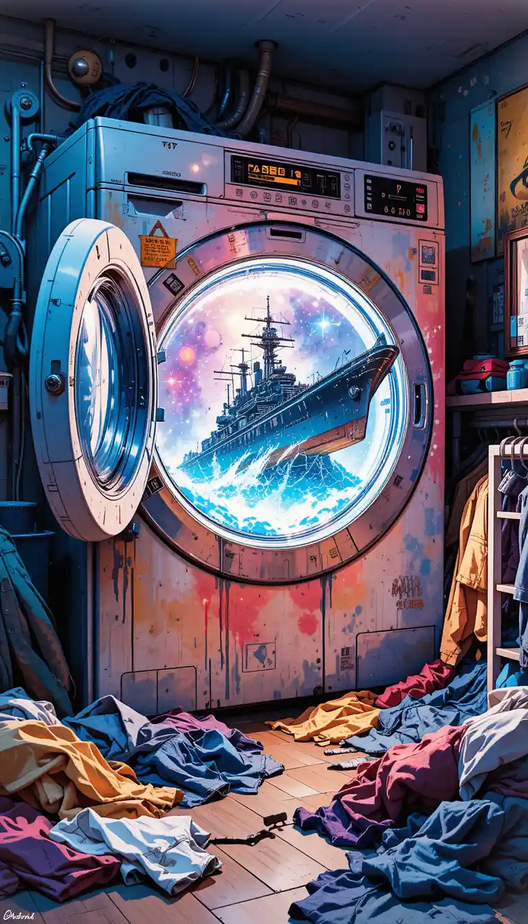 Battleship emerging from glowing portal inside washing machine
