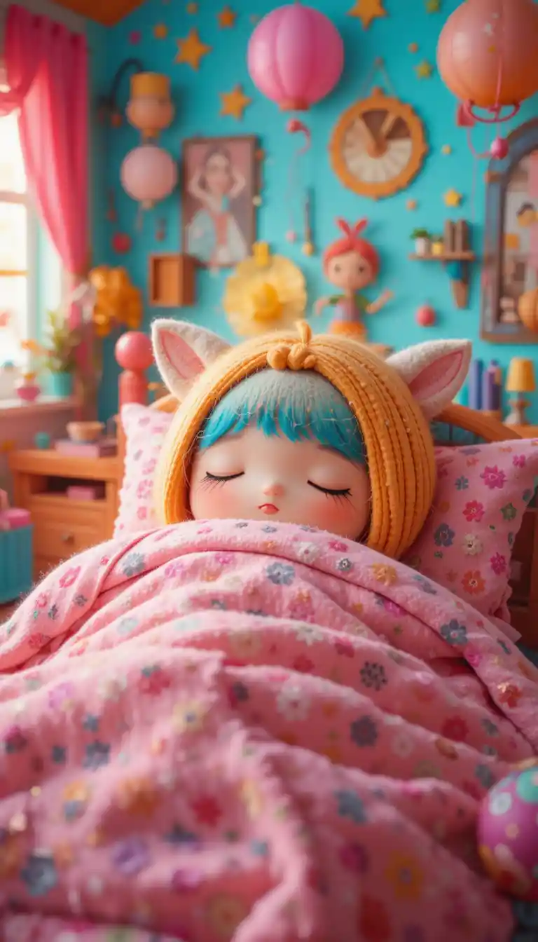 Cute plush toy sleeping peacefully in cozy colorful bedroom