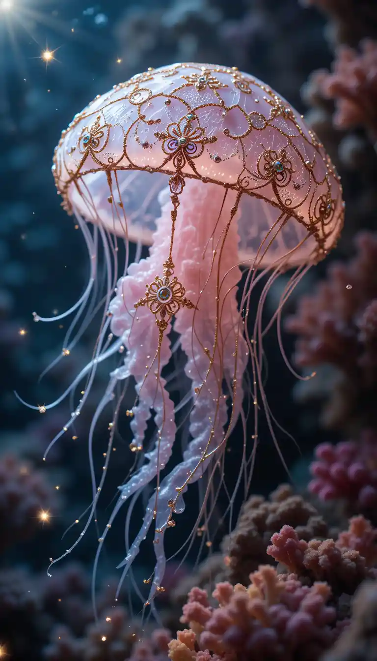Ghostly jellyfish portrait with glowing aura and coral reef