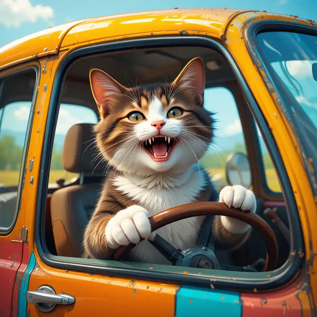 Happy cartoon cat driving a colorful car