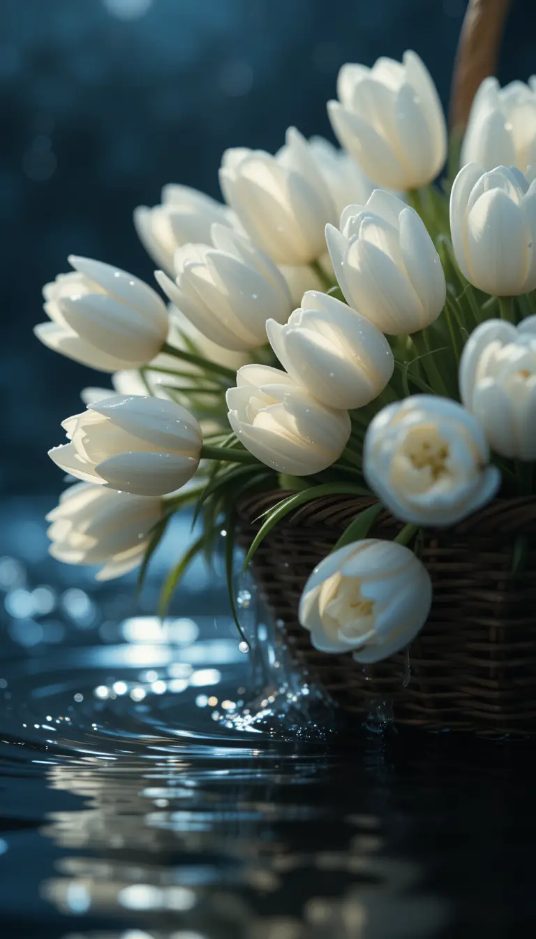 White tulips in a basket leaning over moonlit water