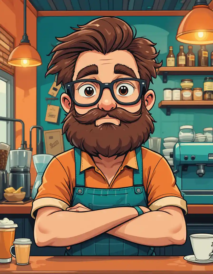 Cartoon barista in a colorful teal and orange coffee shop