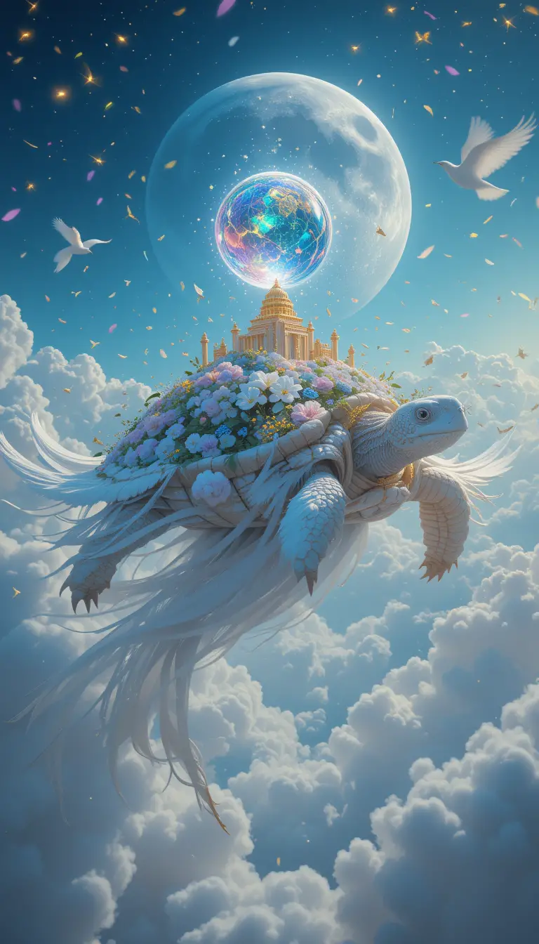 Giant feathered turtle carrying an ancient city through clouds