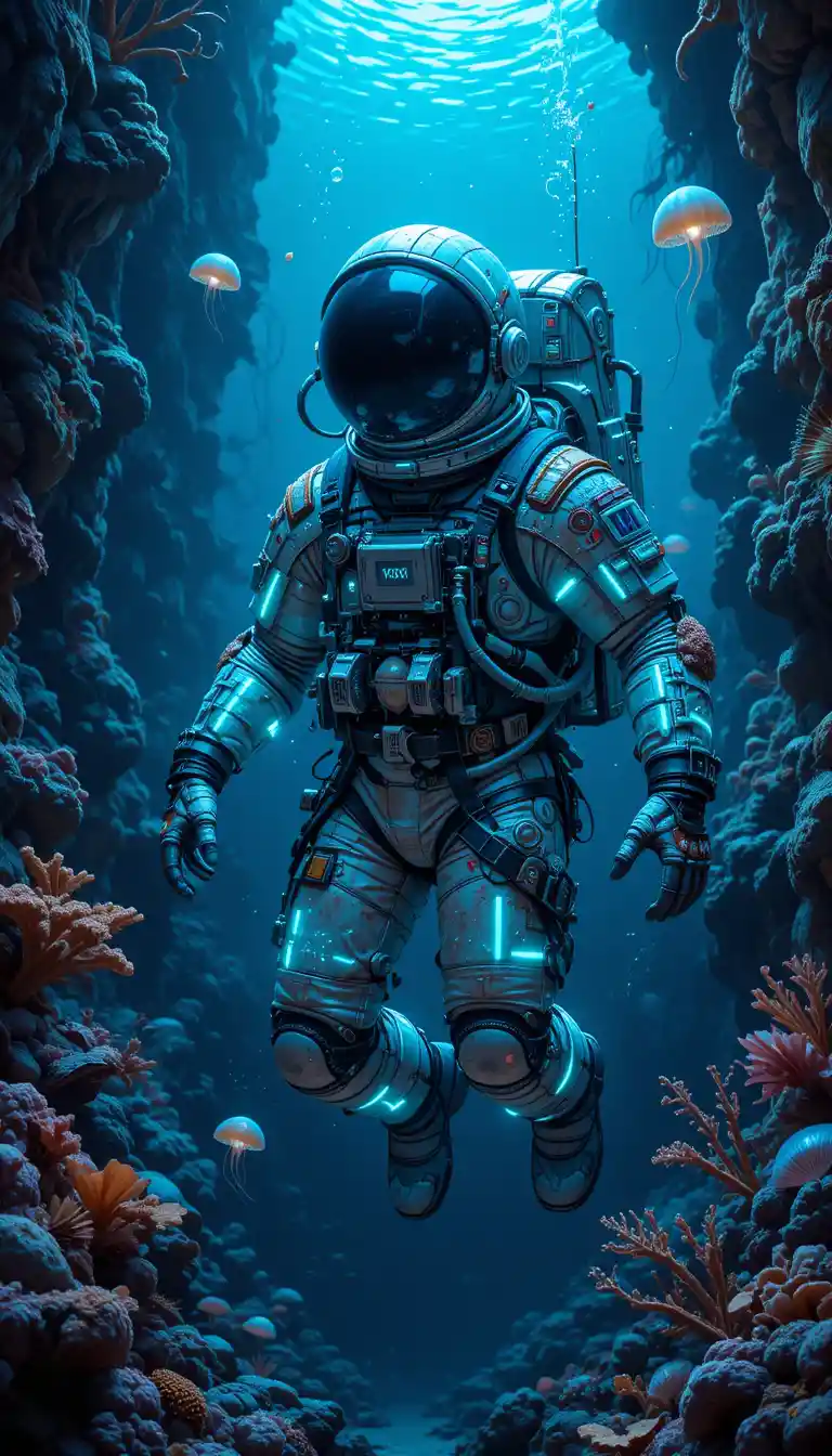 Astronaut Exploring A Bioluminescent Underwater Canyon