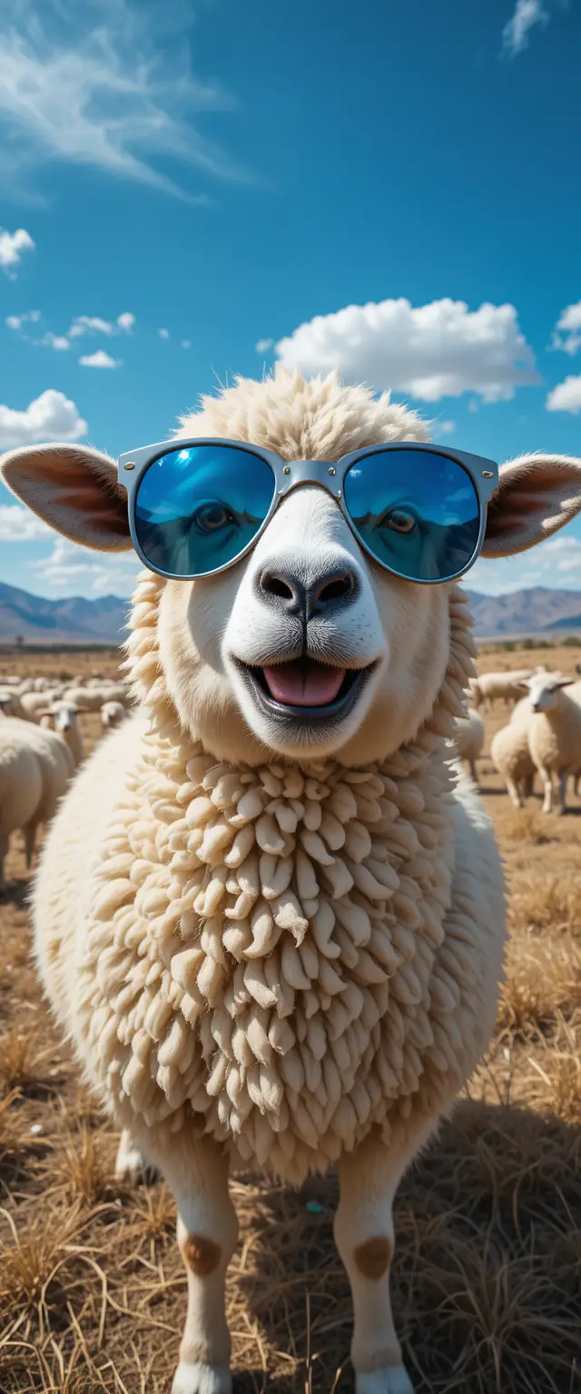Smiling sheep in blue sunglasses in sunny rural field