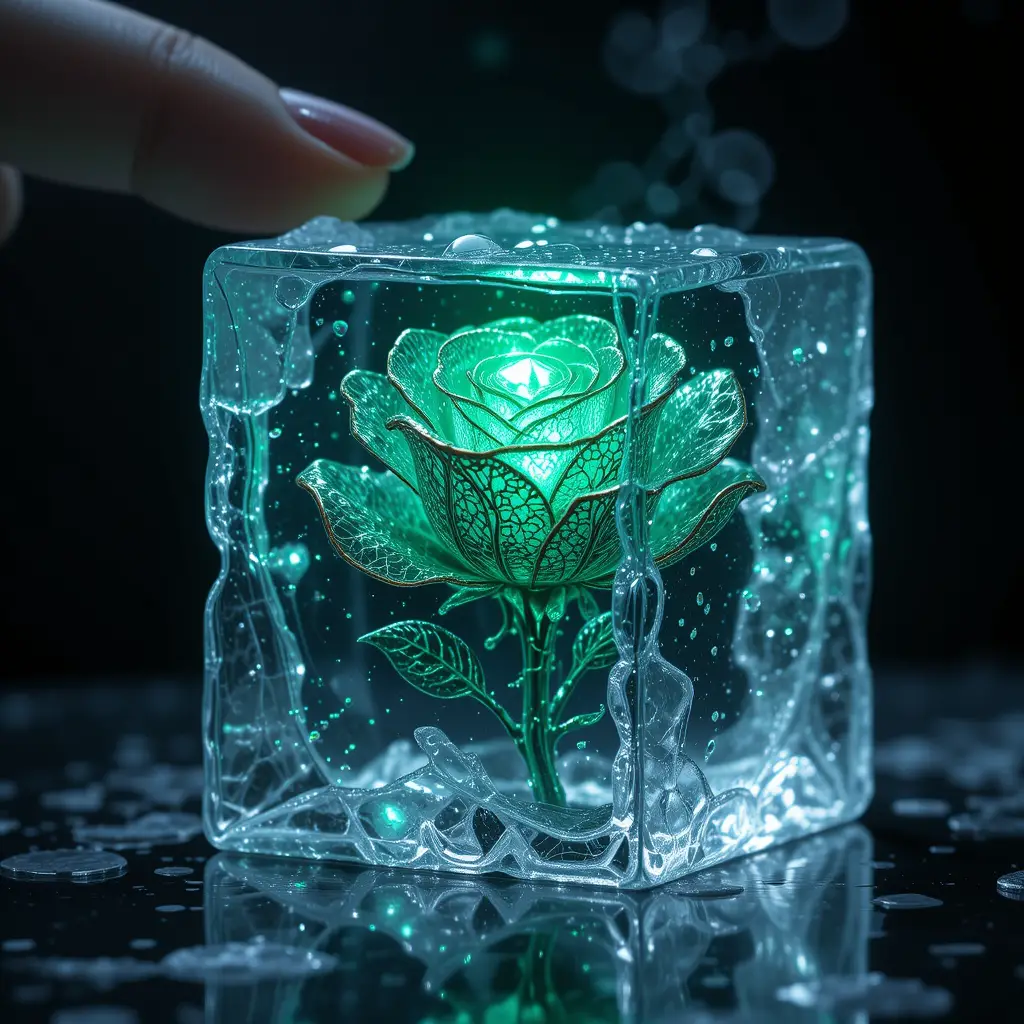 Glowing Emerald Rose Encased In Melting Ice Cube