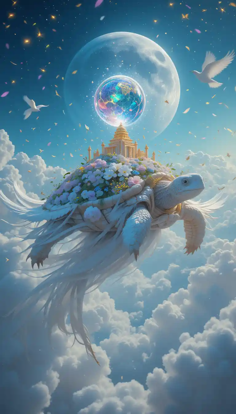 Giant feathered turtle carrying an ancient city through clouds