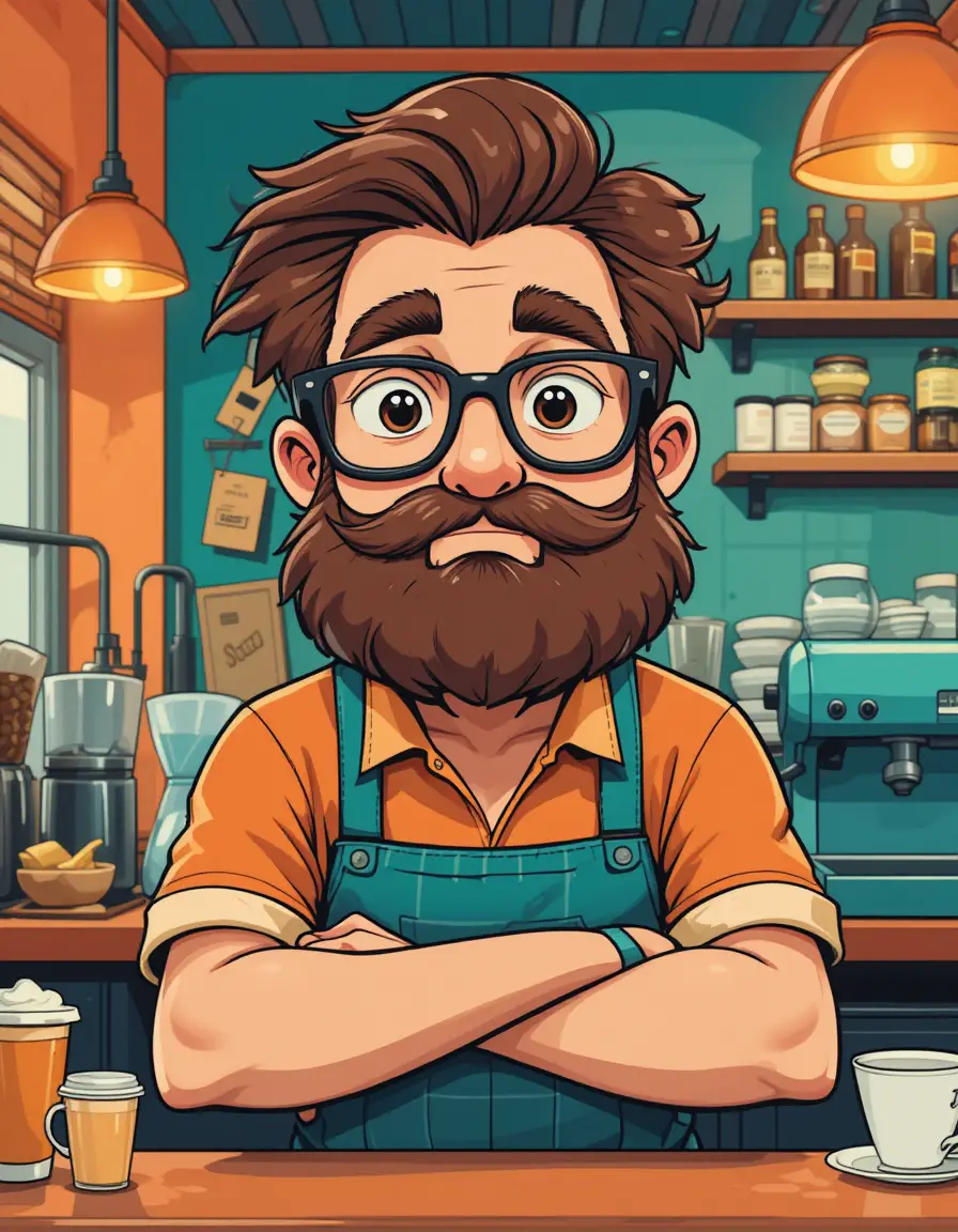 Cartoon barista in a colorful teal and orange coffee shop