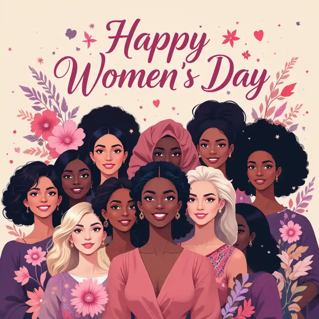 Colorful womens day poster with diverse smiling women