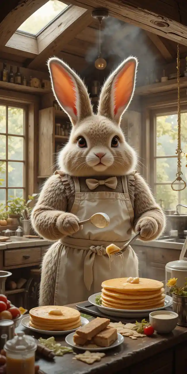 Giant rabbit cooking pancakes in a cozy cottage kitchen