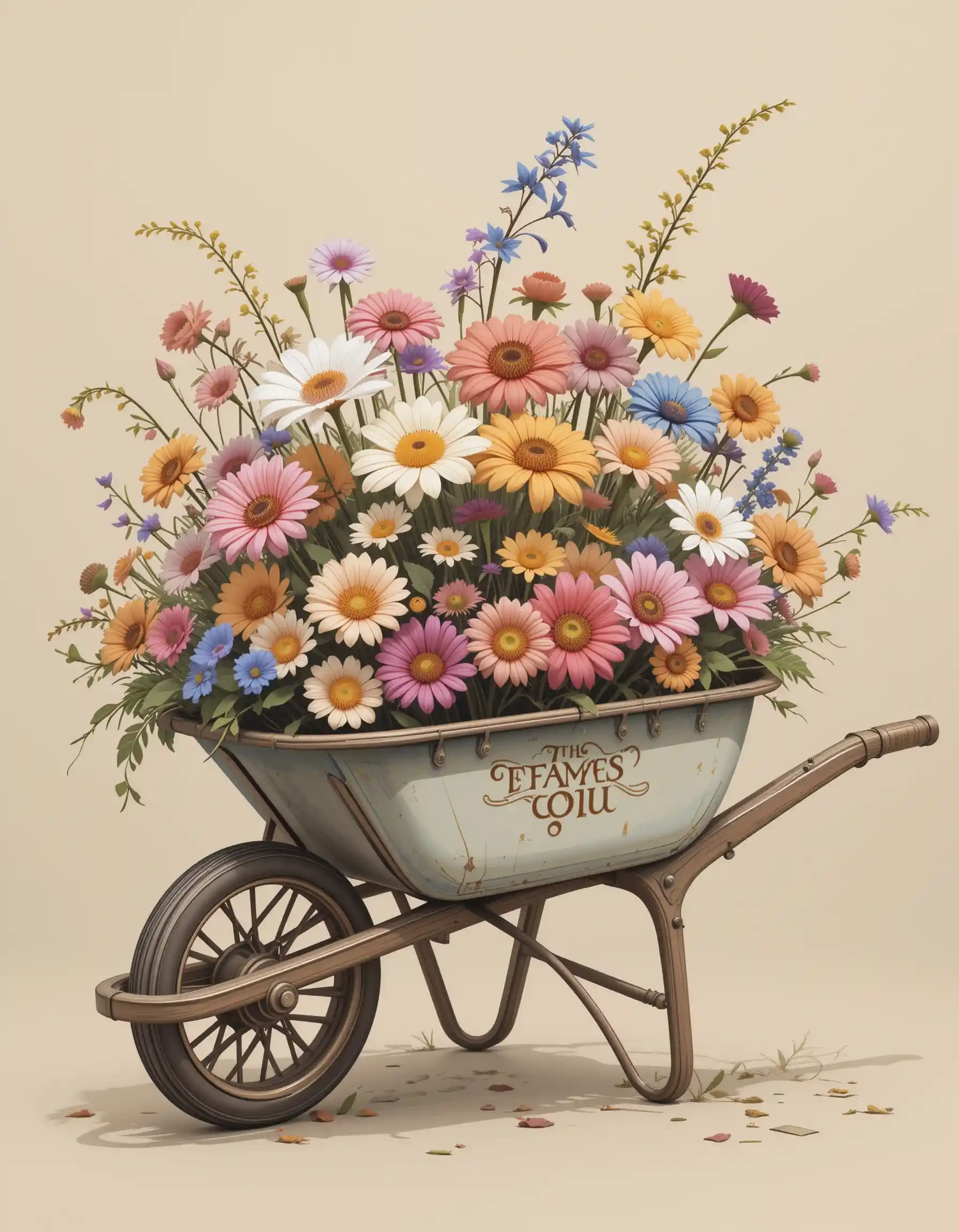 Colorful flowers arranged in a rustic wheelbarrow illustration