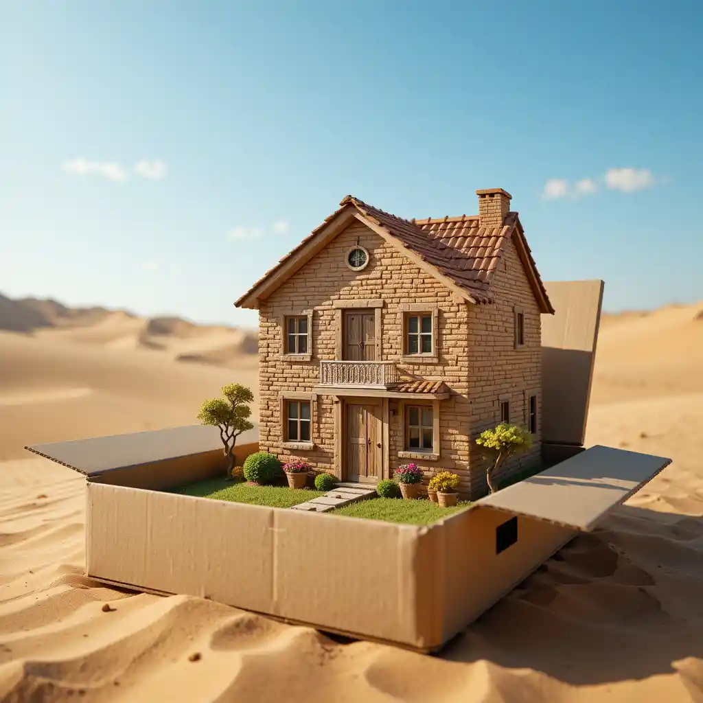 Miniature brick house in a cardboard box desert scene