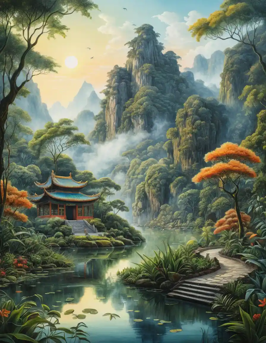 Sunrise over calm jungle mountain swamp in watercolor style