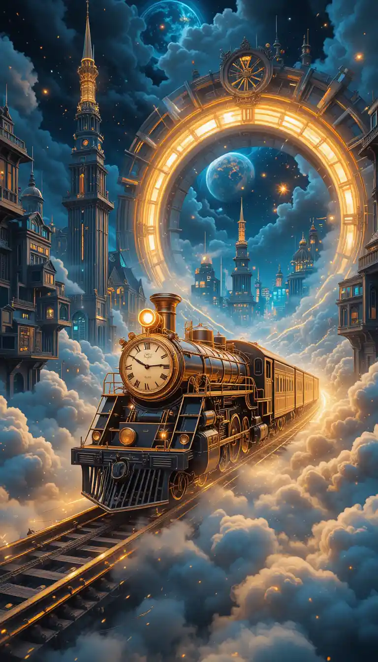 Surreal anime train entering a floating night city