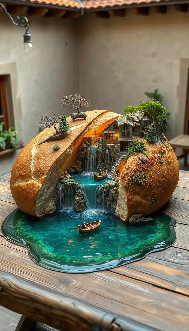 Loaf of bread revealing a glowing miniature village