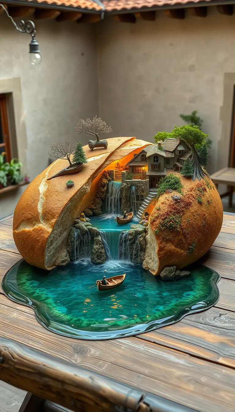 Loaf of bread revealing a glowing miniature village