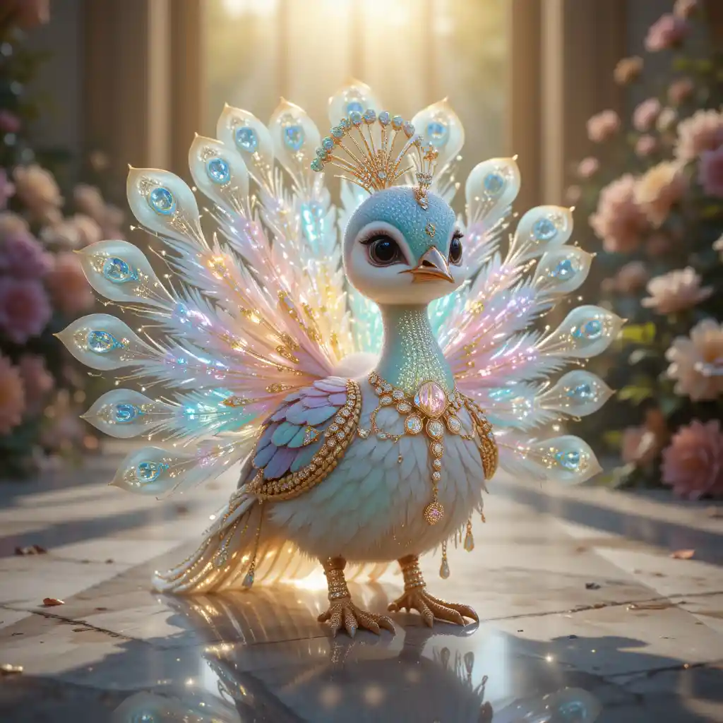 Glowing jeweled baby peacock in a dreamy garden
