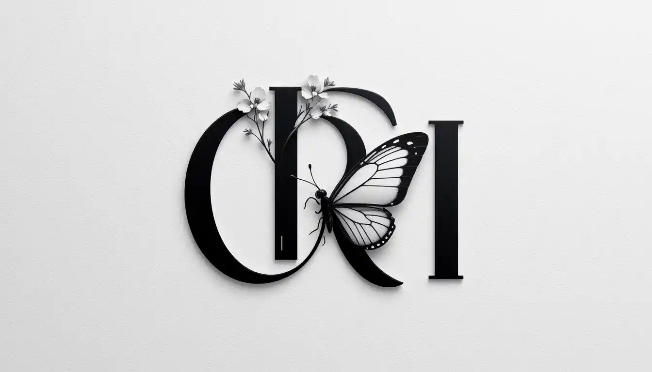 Minimal monogram logo with butterfly in negative space