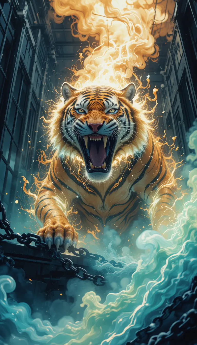 Ferocious chained tiger glowing inside a steel cage