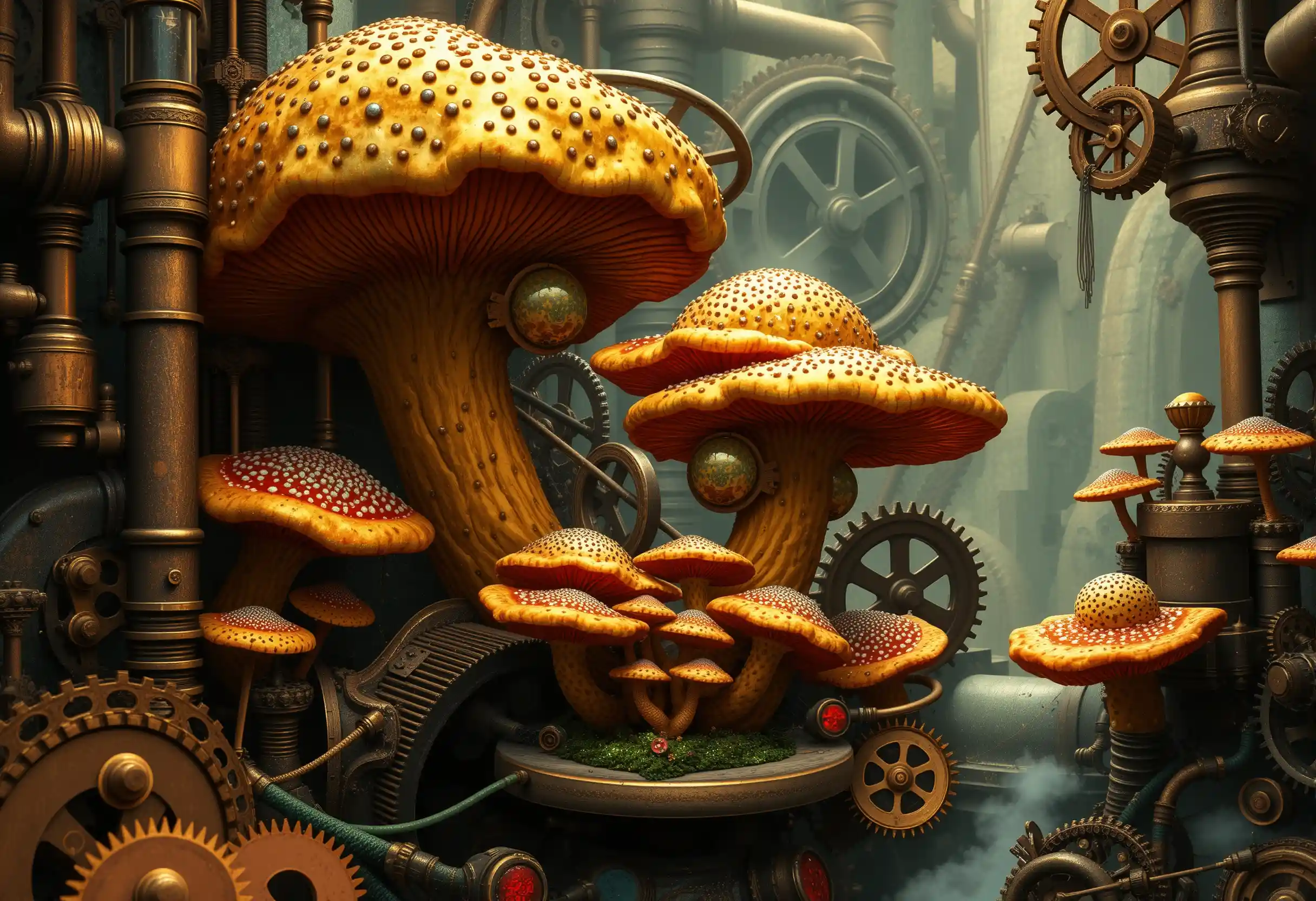Steampunk realm of pipes gears and fantastical fungi