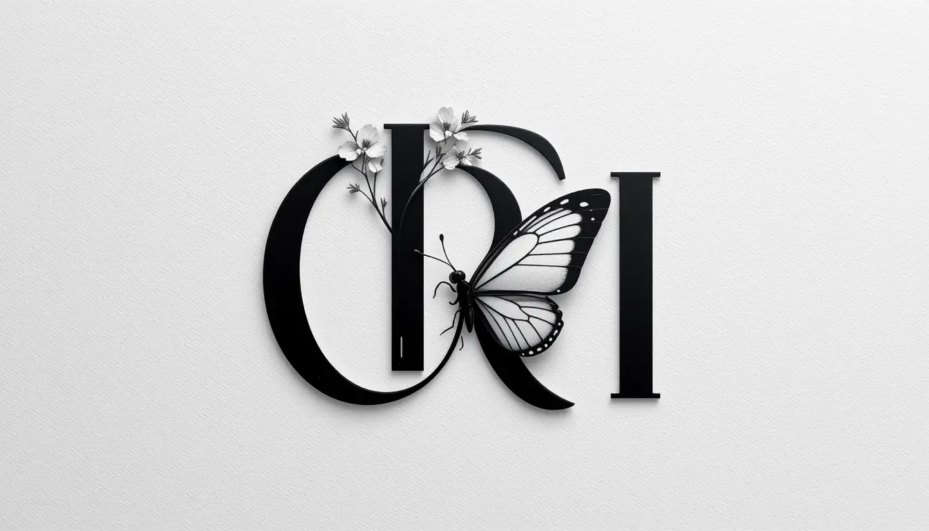 Minimal monogram logo with butterfly in negative space