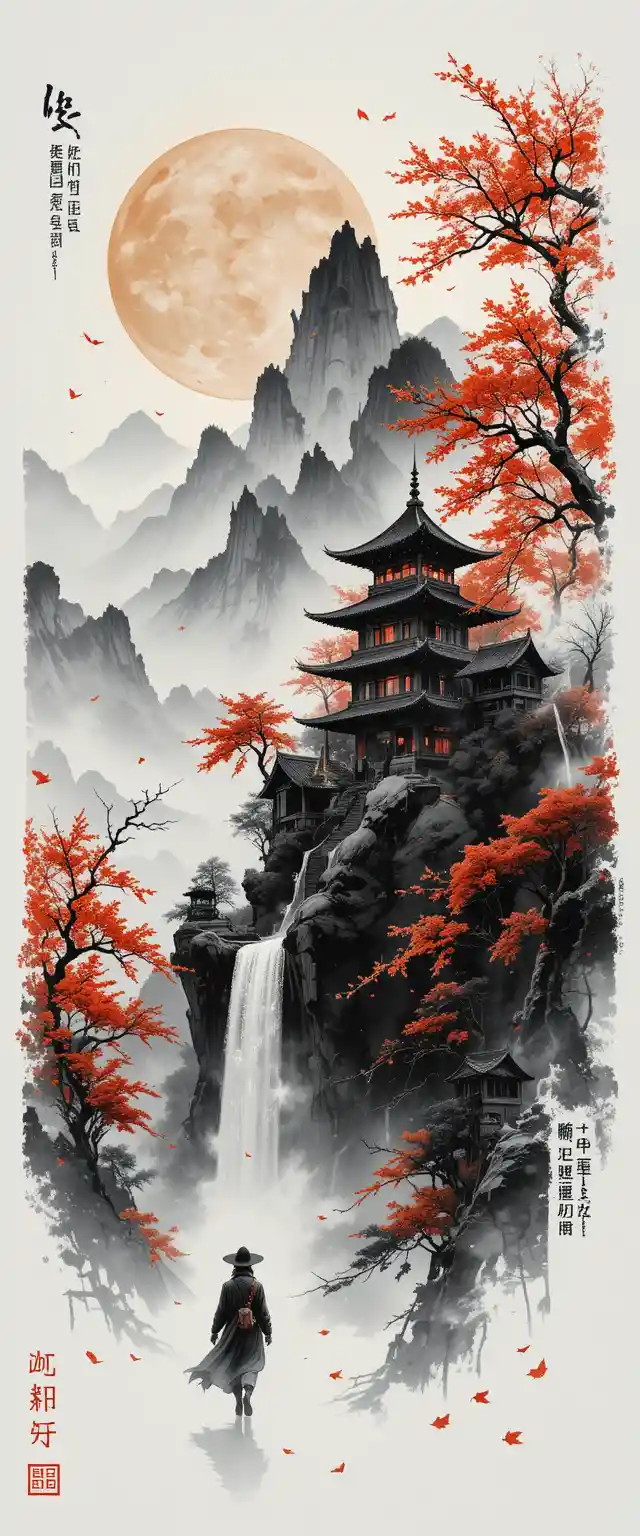 Surreal temple and mountain landscape in ink painting