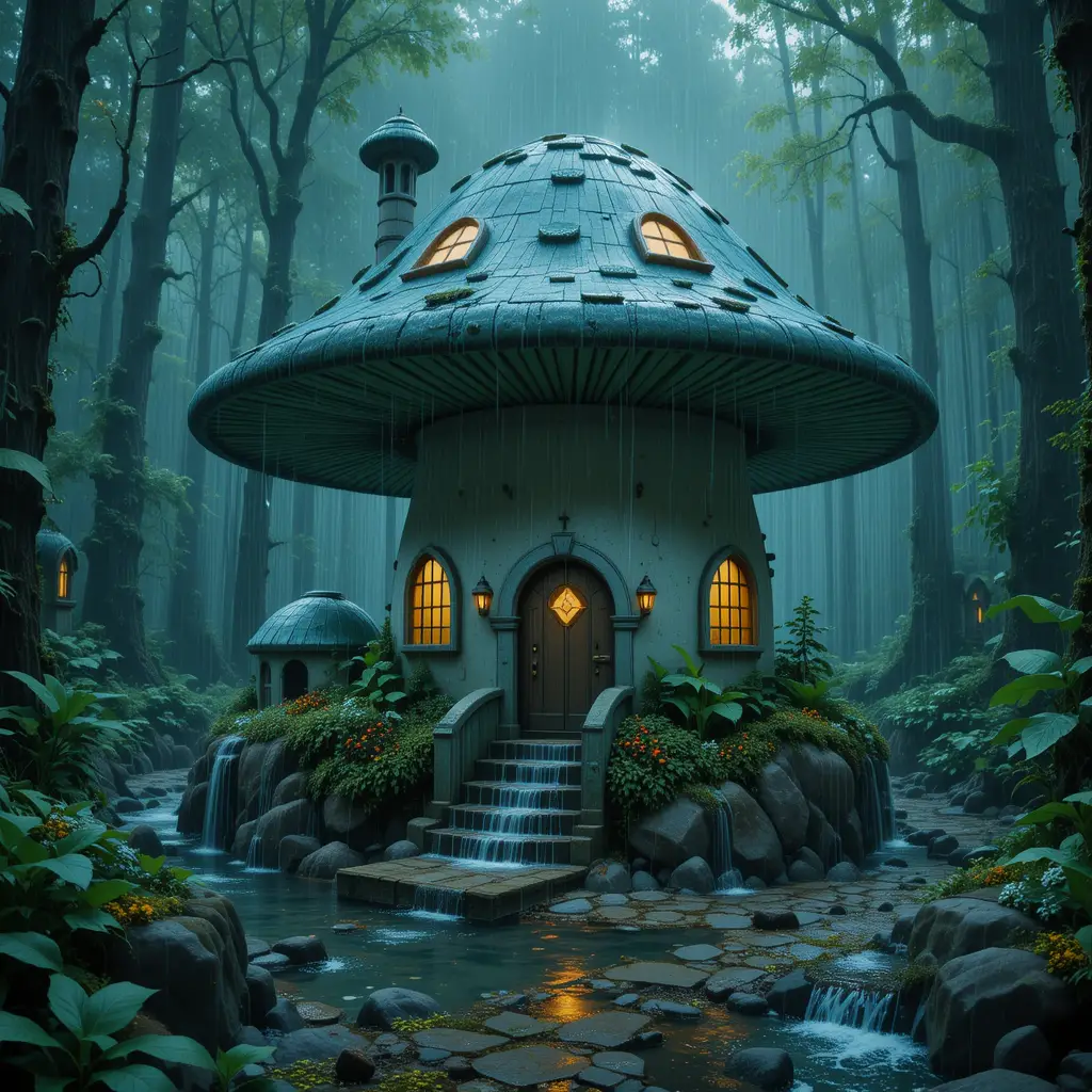 Mushroom Shaped House In A Rainy Magical Forest