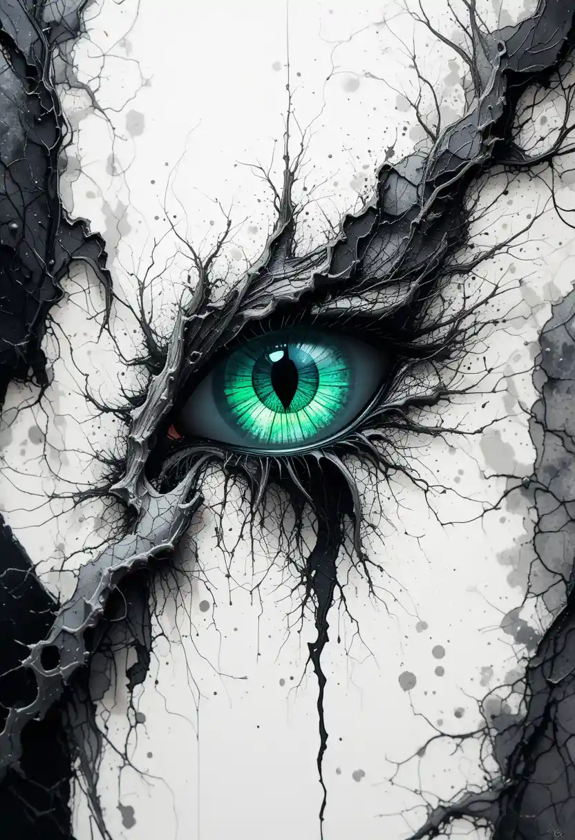 Mystical feline eye glowing in green and blue hues
