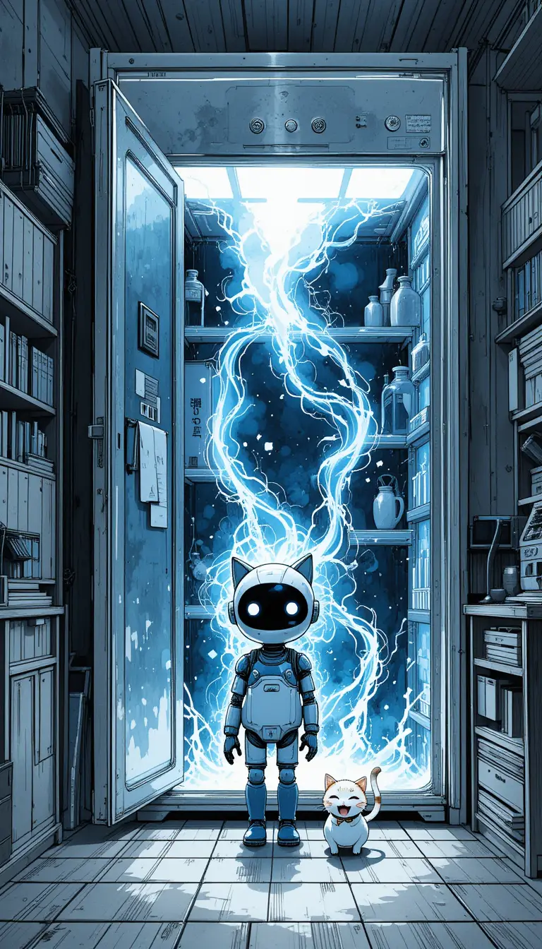 Cute robot before a glowing portal refrigerator doorway