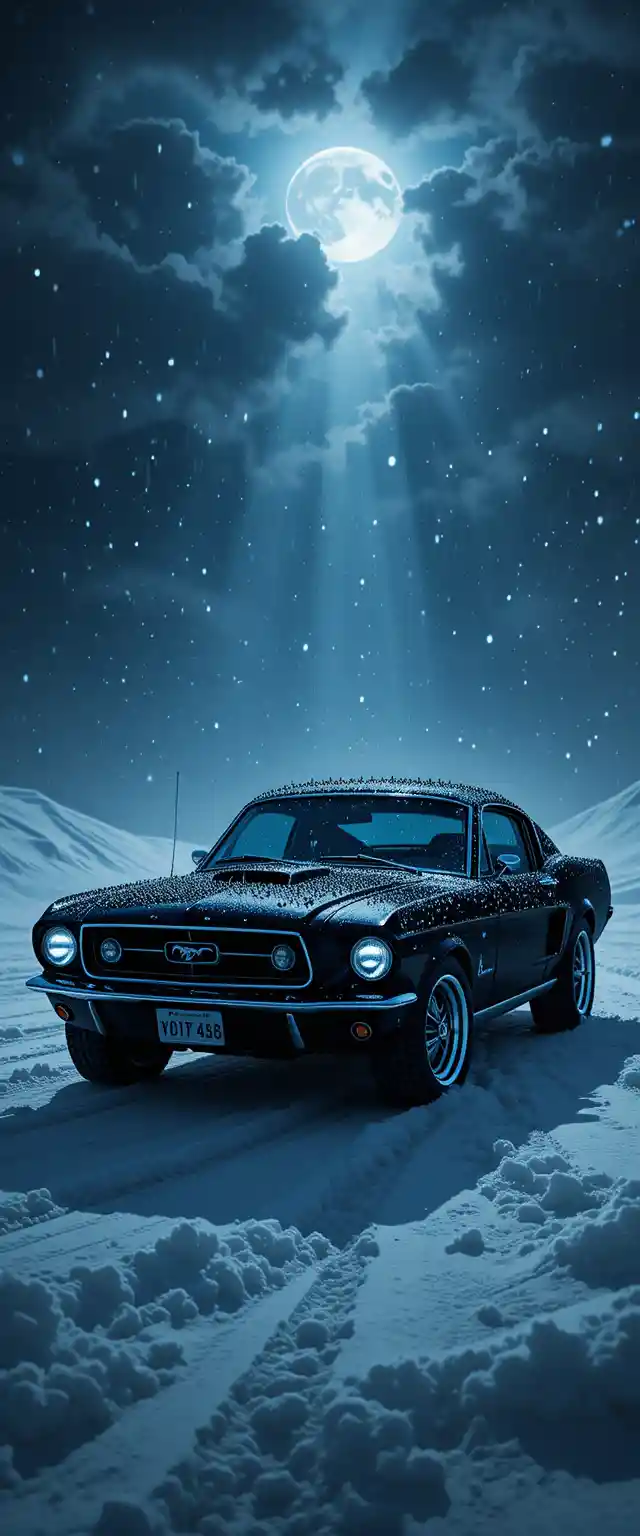 Fur covered classic car in surreal snowy night scene