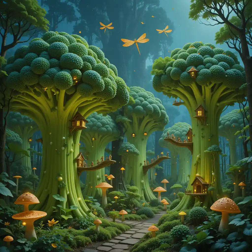 Magical forest of giant broccoli trees with tiny workers