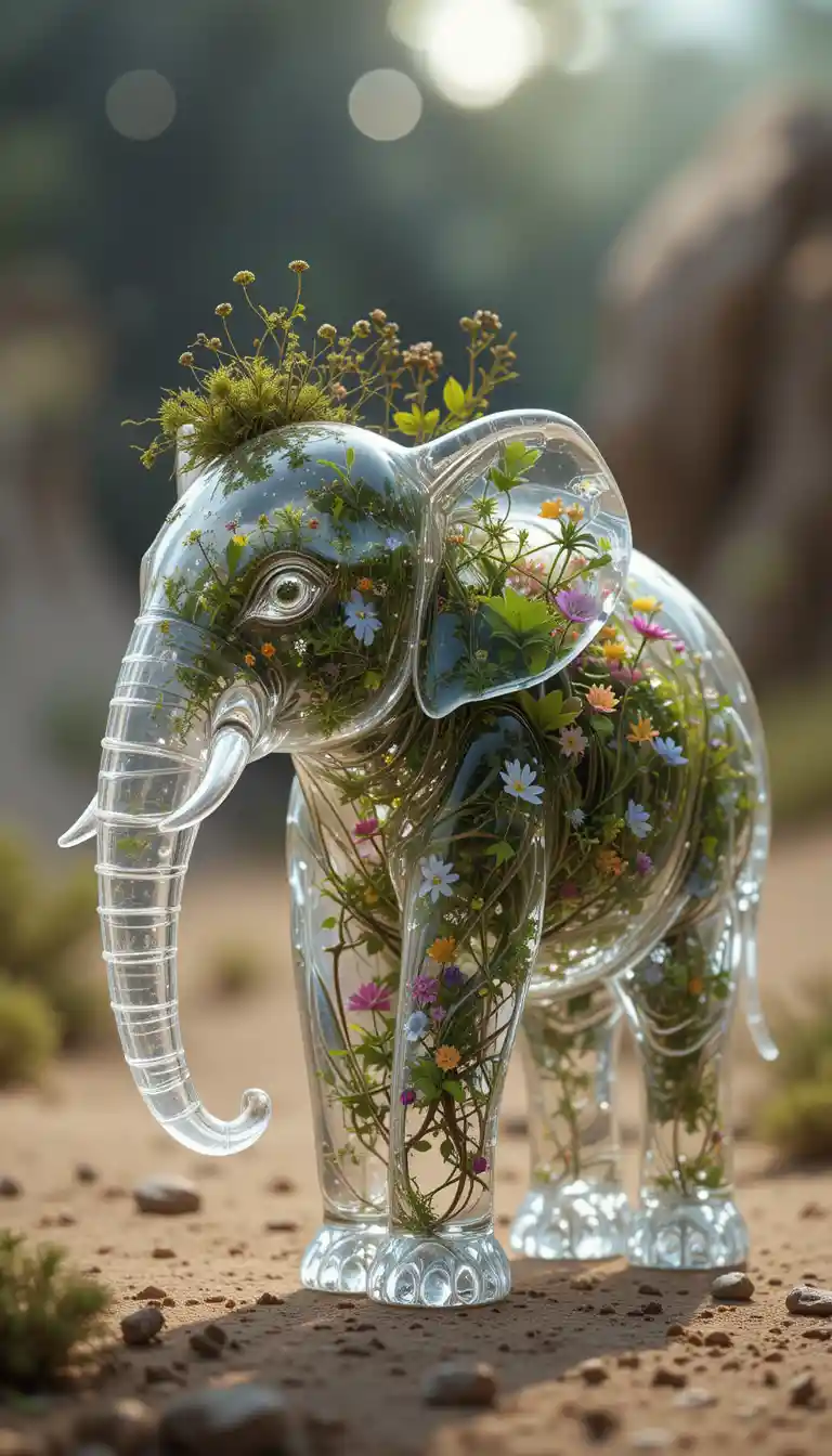 Glass elephant with blooming inner ecosystem in profile view