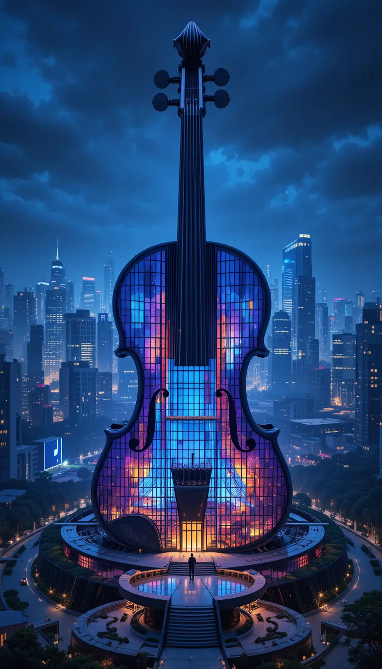 Futuristic Violin Inspired Tower Above Night Cityscape