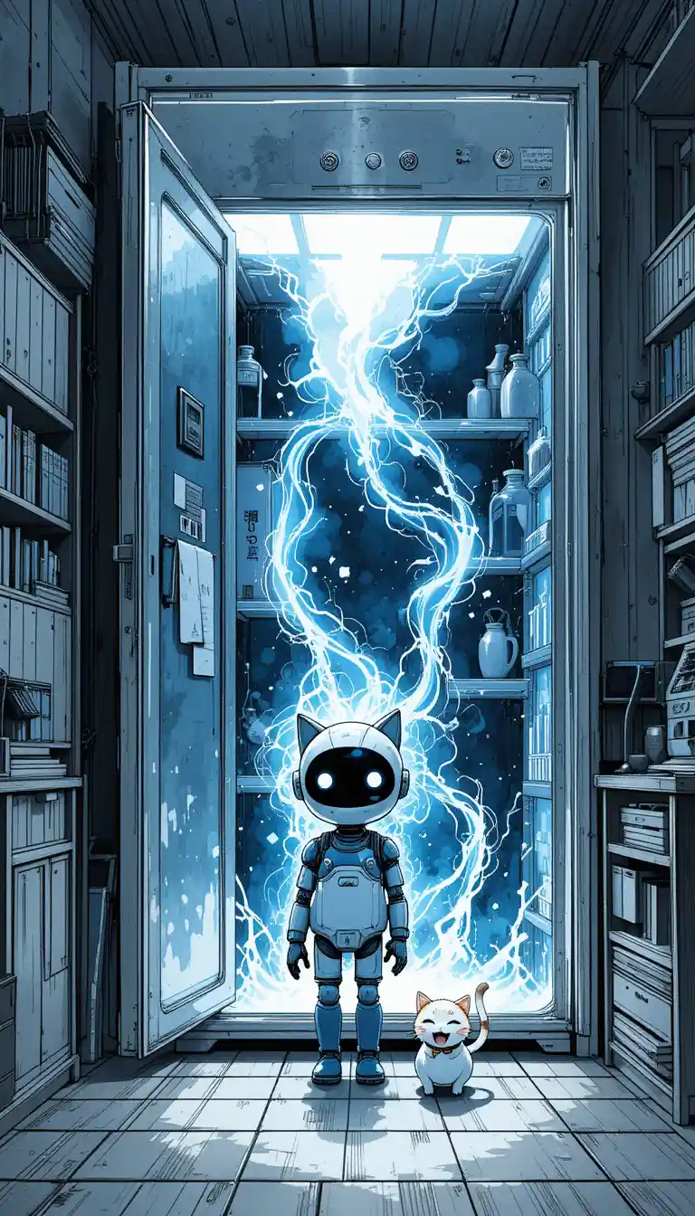 빛나는 포털 냉장고 문 앞의 귀여운 로봇