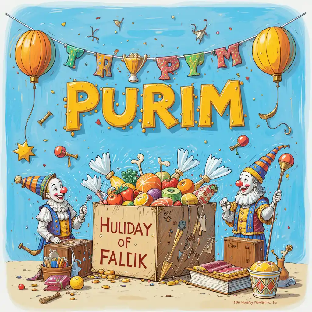 Purim gift basket with rattles clowns and holy books