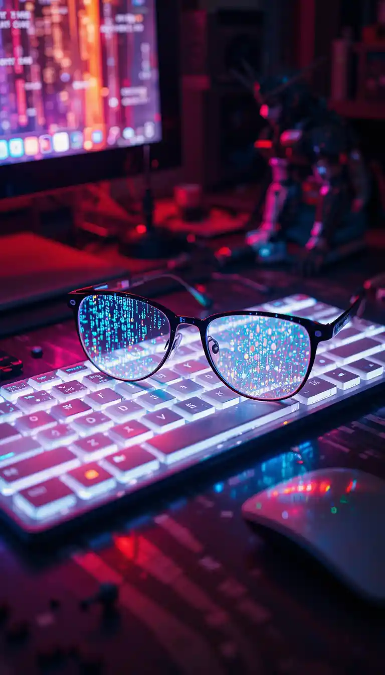 Occhiali da nerd sulla scrivania con riflessi binari in una stanza buia