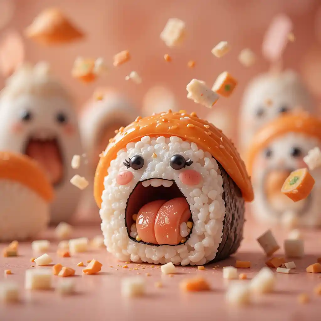 Playful cartoon sushi character in soft warm lighting