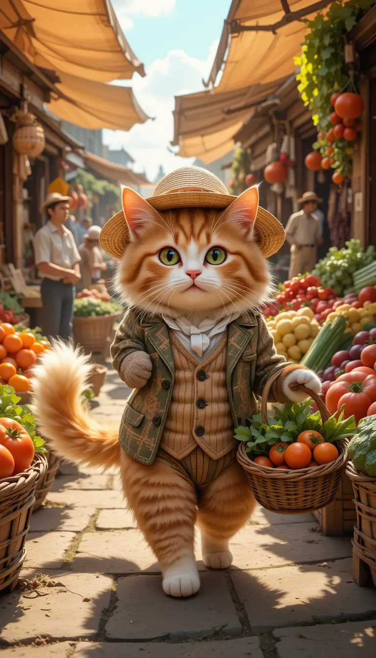 Orange Cat In Vest Shopping At A Colorful Bazaar
