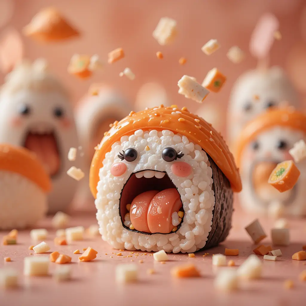 Playful cartoon sushi character in soft warm lighting