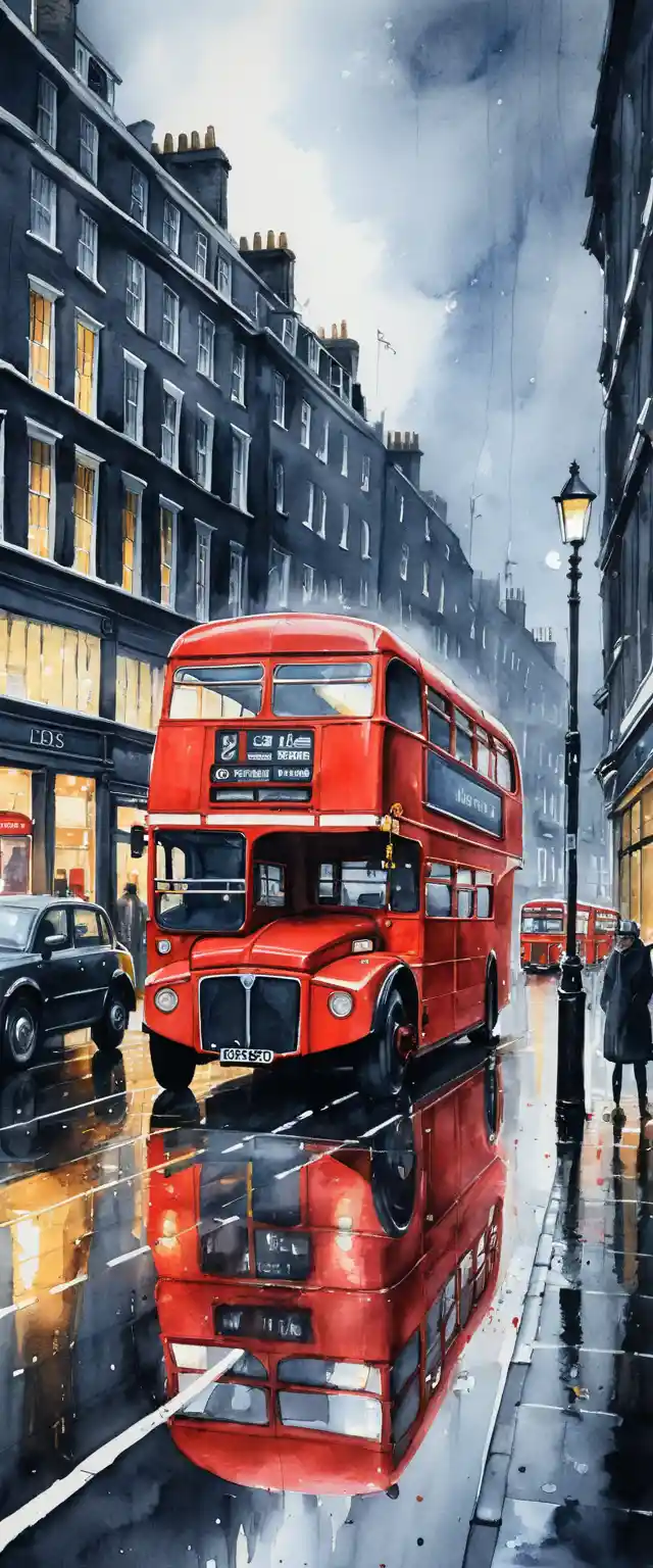 Watercolor London bus on a wet city street at night