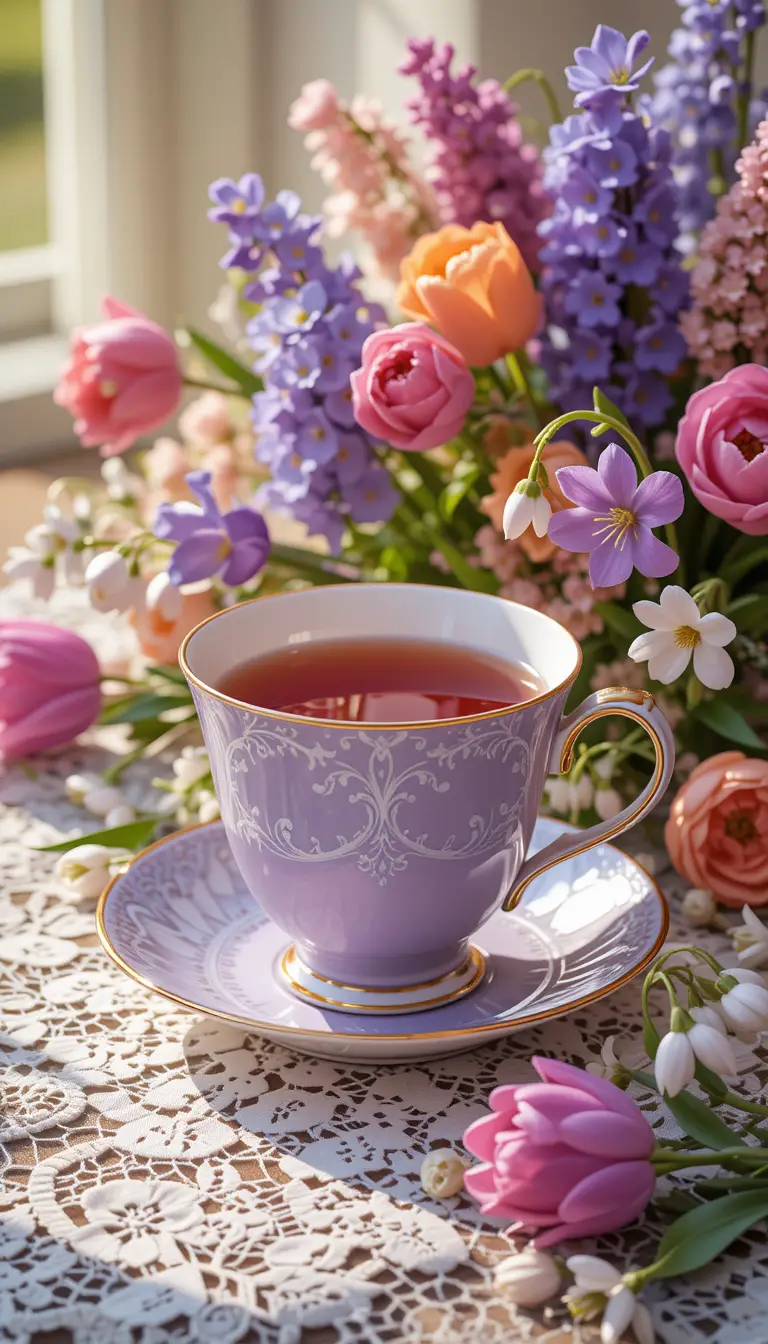 Vintage lilac tea cup with colorful spring flowers