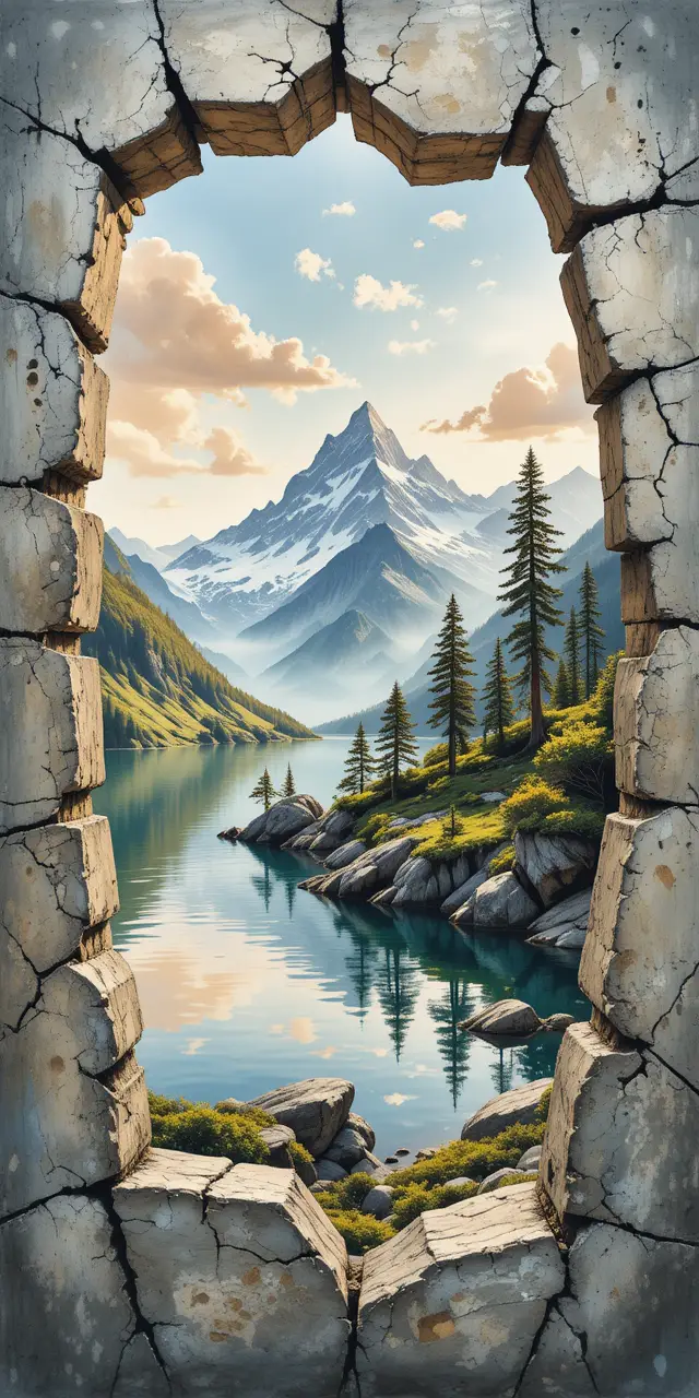 Watercolor view through broken wall to alpine lake