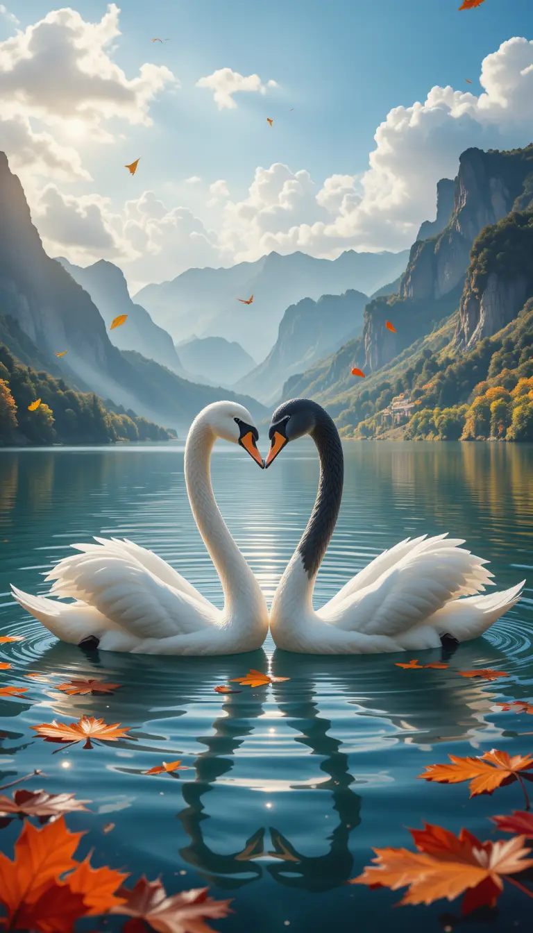 Romantic Swans Forming A Heart On Mountain Lake