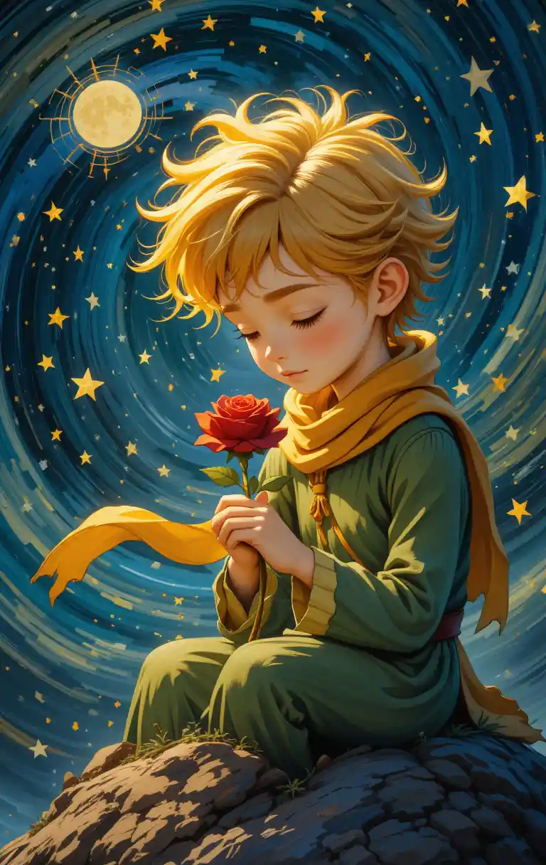 Boy Caring For Red Rose On Tiny Asteroid Under Stars