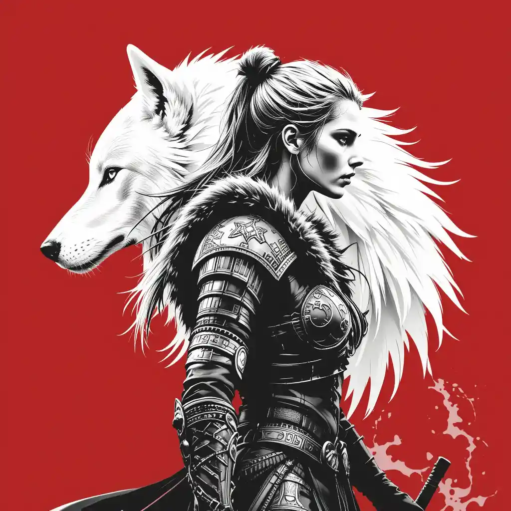 Fierce nordic warrior and white wolf in red profile portrait