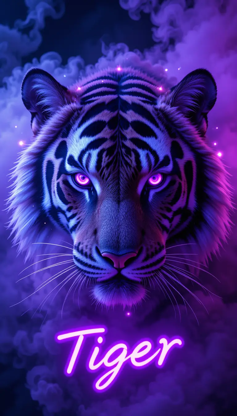 Glowing Violet Tiger Head With Neon Smoke And Lights