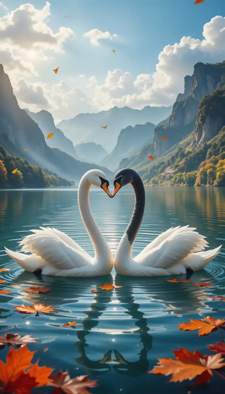 Romantische Schwäne bilden ein Herz auf einem Bergsee