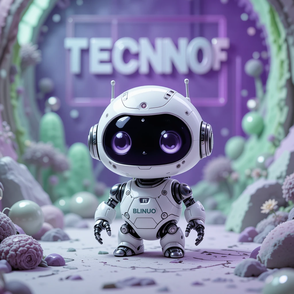 Cute white robot in a futuristic purple fantasy world